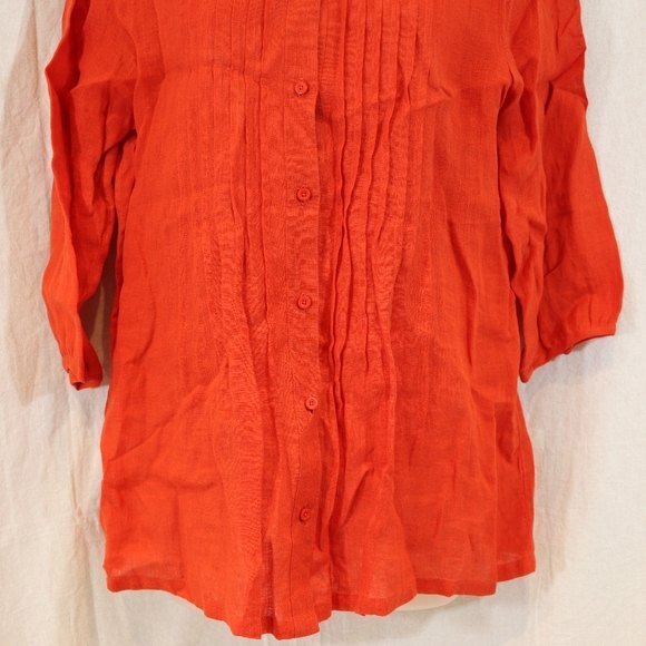 Tommy Bahama Small Orange Linen Blouse  3/4 Sleeve Pleated Button Up Top - Picture 4 of 12